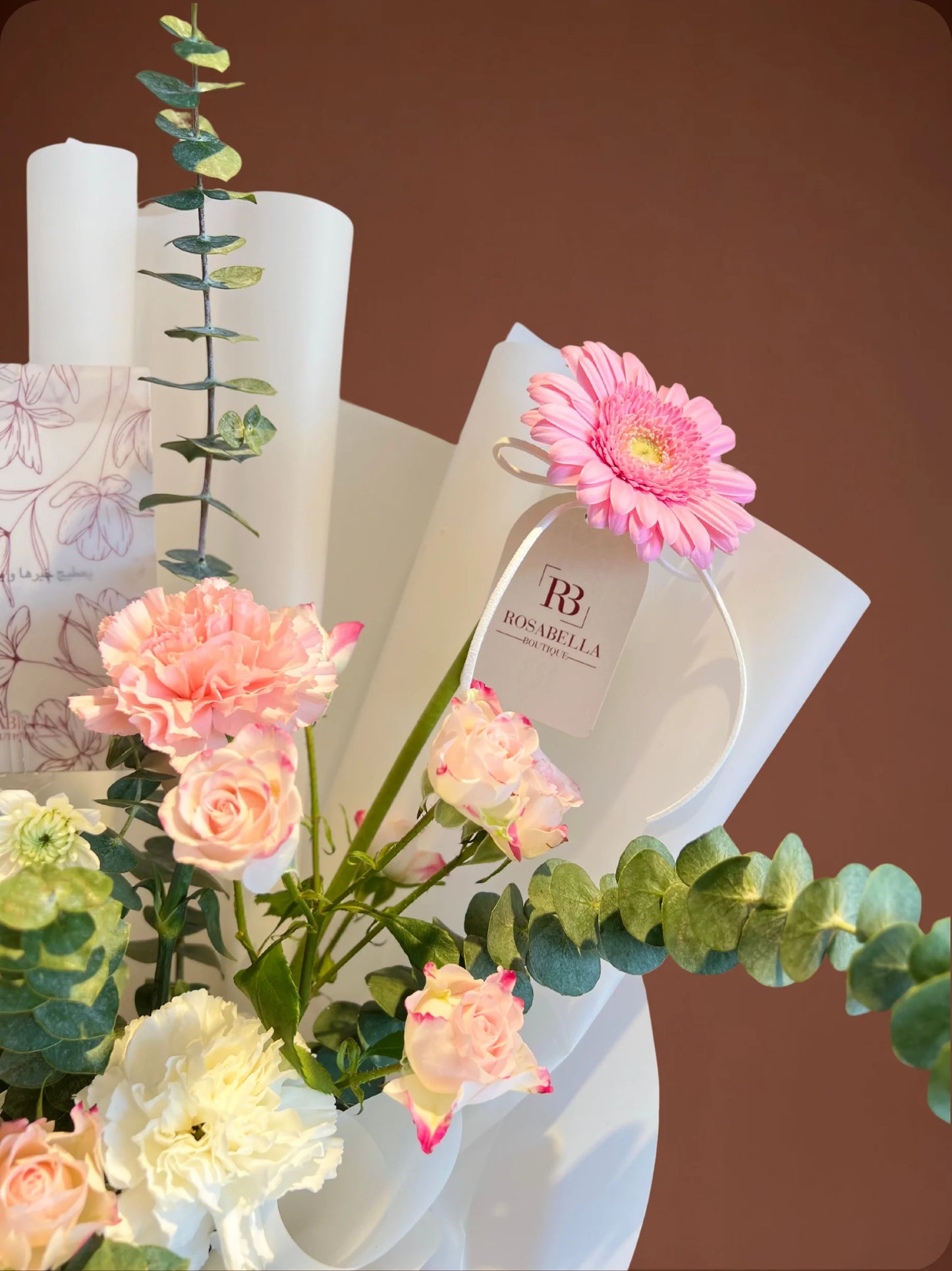 Ballet of Petals Arrangement with soft pink and white flowers in a stylish bag, handcrafted by a flower boutique with flower delivery to Dubai and Sharjah.