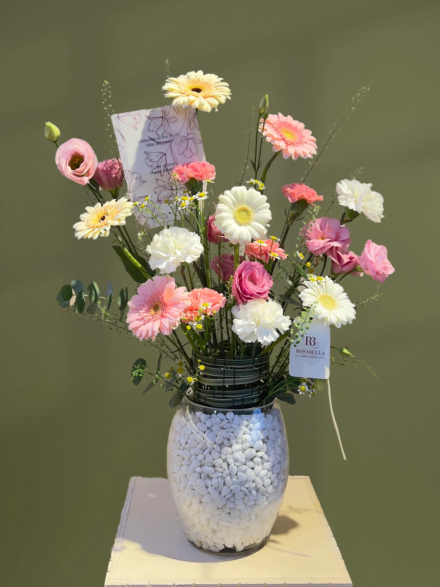 Sunset Vase Arrangement with white, pink, and peach flowers in a clear glass vase, available at a flower shop in Dubai with delivery to Sharjah and Muwaileh.