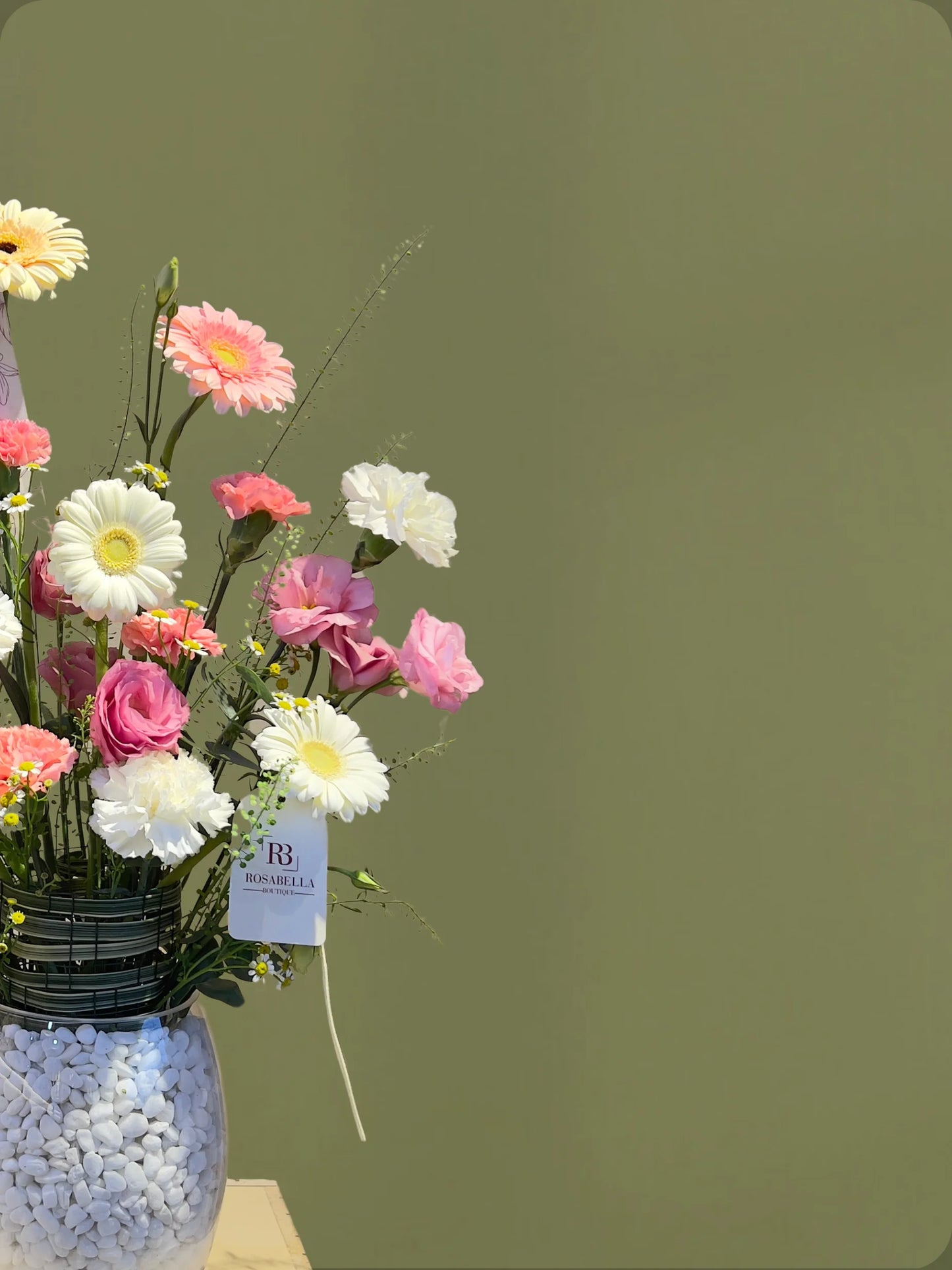 Sunset Vase Arrangement with white, pink, and peach flowers in a clear glass vase, available at a flower shop in Dubai with delivery to Sharjah and Muwaileh.