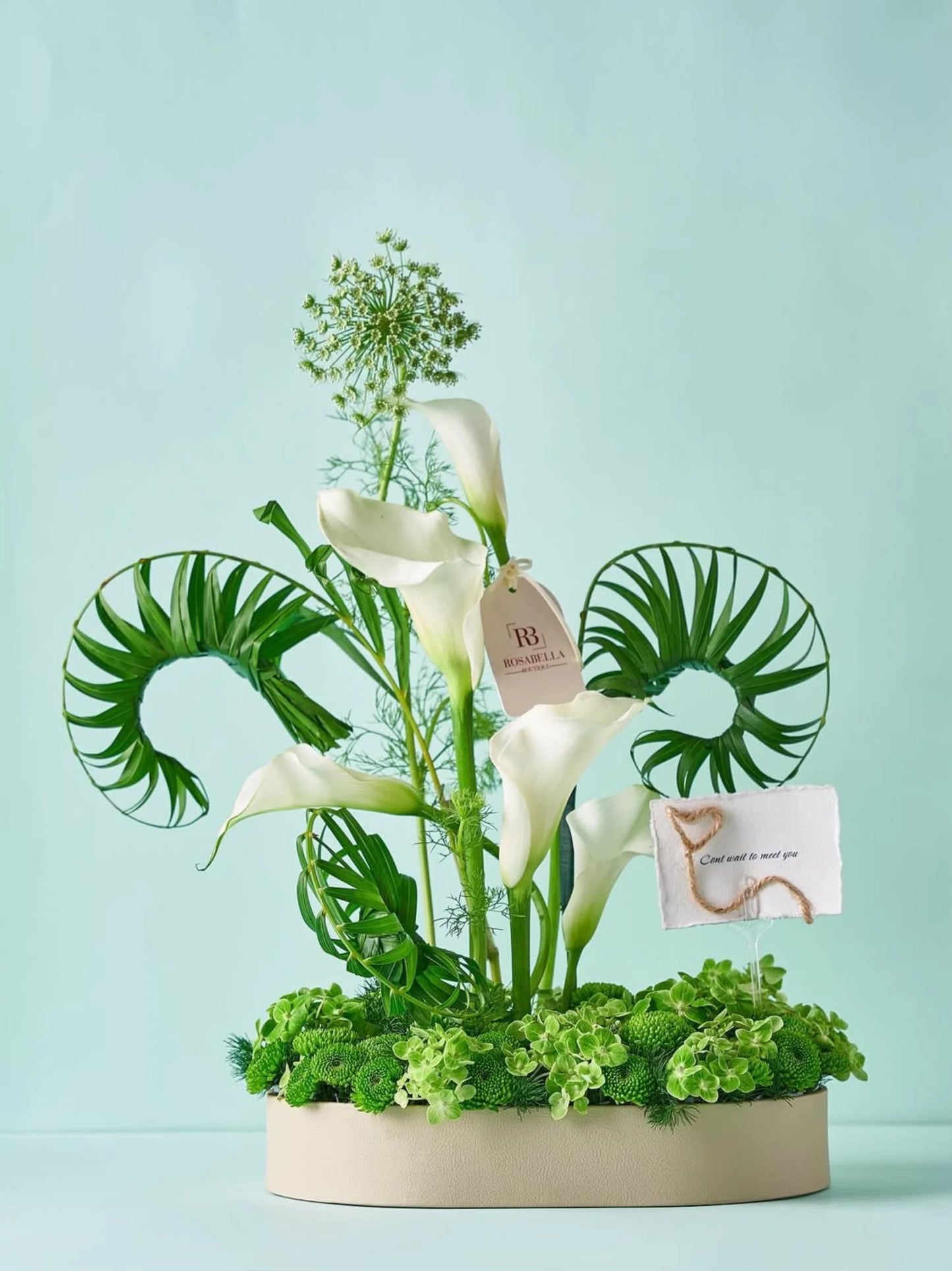 Tranquil Ivory Arrangement with white Calla lilies and lush green foliage in a premium leather tray, available as an elegant floral arrangement with delivery to Dubai, Sharjah, and Muwaileh.